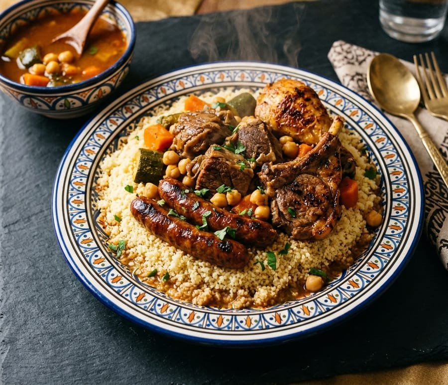 Couscous royal : semoule, merguez, côtelette d'agneau, poulet doré et pois chiches dans un plat émaillé