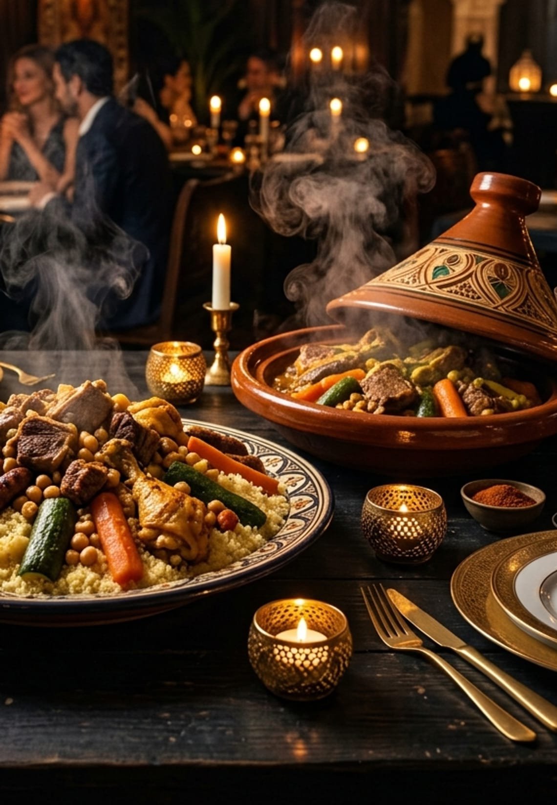 Couscous royal et tajine d'agneau fumant, servis à la bougie