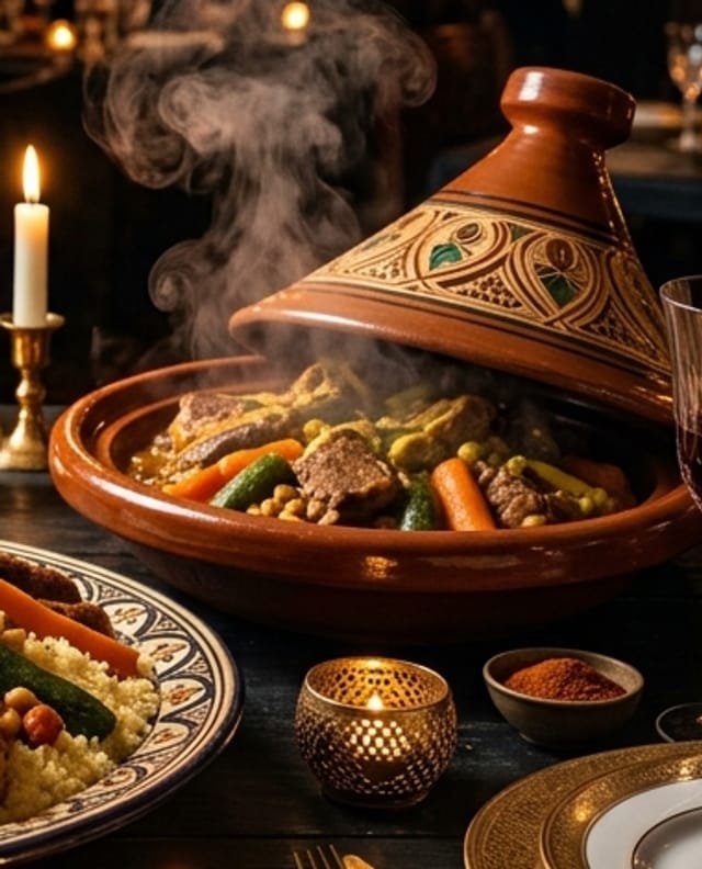 Tajine d'agneau aux carottes et courgettes, fumant sous son couvercle de terre cuite
